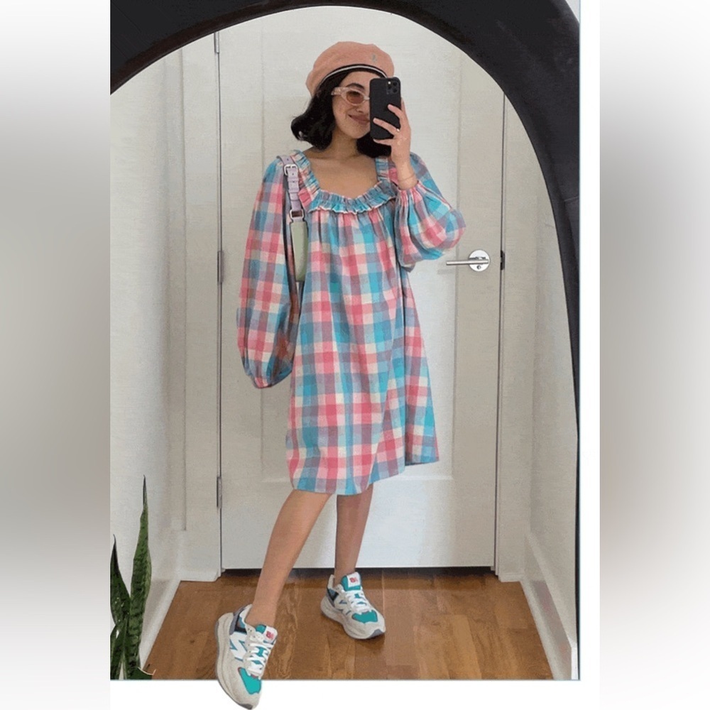 New! Ophelia & Indigo April Dress Pink & Blue Woven Gingham Check Small Nwt! — image 3 of 8